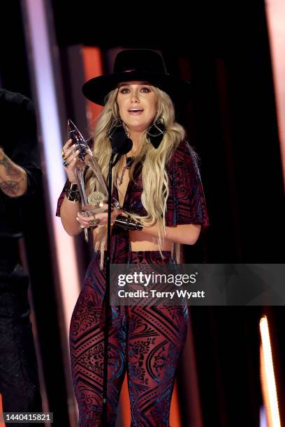 Lainey Wilson accepts the Female Vocalist of the Year award onstage at The 56th Annual CMA Awards at Bridgestone Arena on November 09, 2022 in...