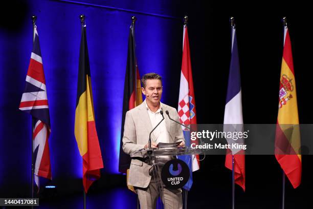 Todd Woodbridge speaks on stage during the 2023 United Cup Official Draw at Carriageworks on November 10, 2022 in Sydney, Australia.