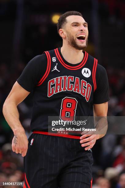 Zach LaVine of the Chicago Bulls reacts against the New Orleans Pelicans during the second half at United Center on November 09, 2022 in Chicago,...