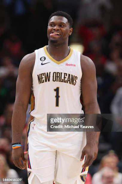 Zion Williamson of the New Orleans Pelicans reacts against the Chicago Bulls during the second half at United Center on November 09, 2022 in Chicago,...