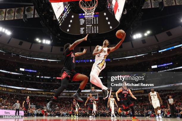 Herbert Jones of the New Orleans Pelicans goes up for a layup against the Chicago Bulls during the second half at United Center on November 09, 2022...