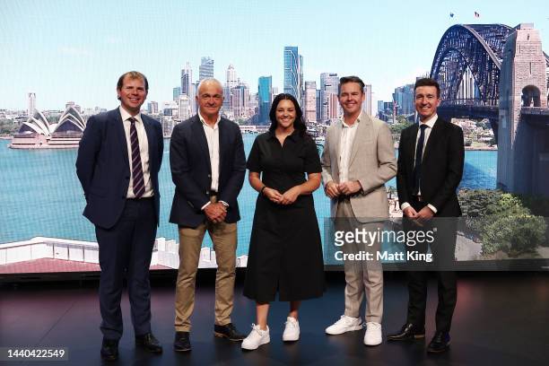 Stephen Farrow, Wally Masur, Casey Dellacqua, Todd Woodbridge and Paul Dalypose with young tennis participants during the 2023 United Cup Official...