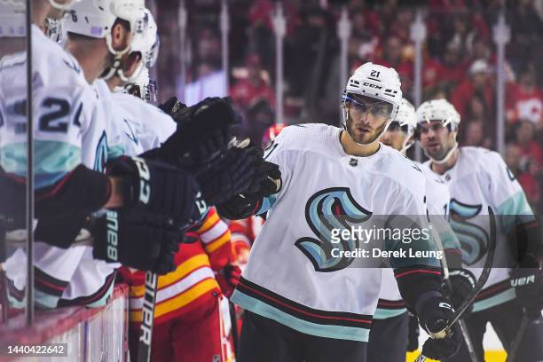 Alexander Wennberg of the Seattle Kraken in action against the Calgary Flames during an NHL game at Scotiabank Saddledome on November 1, 2022 in...