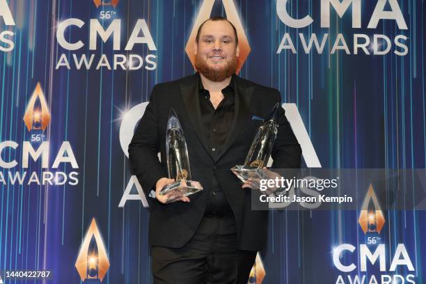 Entertainer of the Year and Album of the Year winner Luke Combs poses in the press room during The 56th Annual CMA Awards at Bridgestone Arena on...