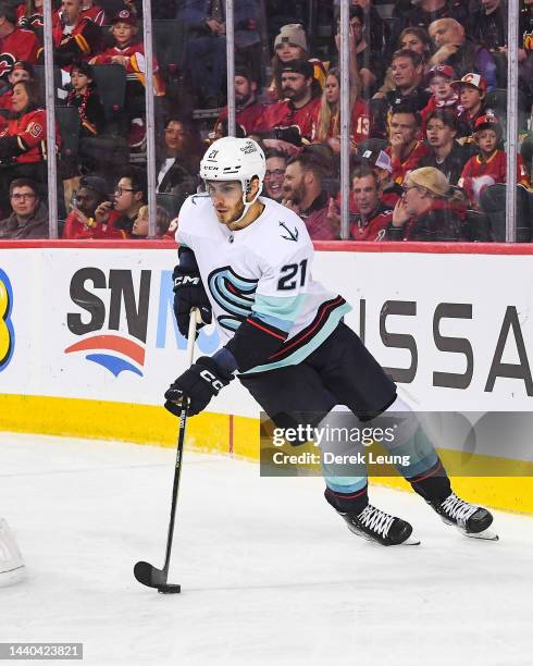 Alexander Wennberg of the Seattle Kraken in action against the Calgary Flames during an NHL game at Scotiabank Saddledome on November 1, 2022 in...