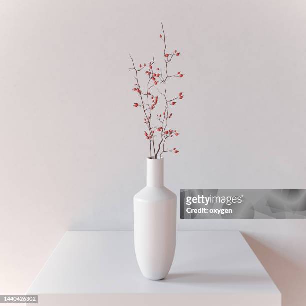 white vase with rose hip brunch cube. abstract geometric shapes.  white 3d rendering objects. minimalism japandi or scandinavian still life style - vase stock-fotos und bilder