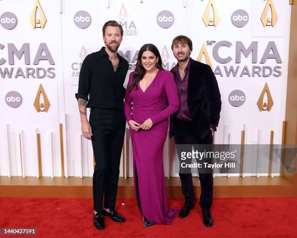 Charles Kelley, Hillary Scott, and Dave Haywood of Lady A attend the 56th Annual CMA Awards at Bridgestone Arena on November 09, 2022 in Nashville,...