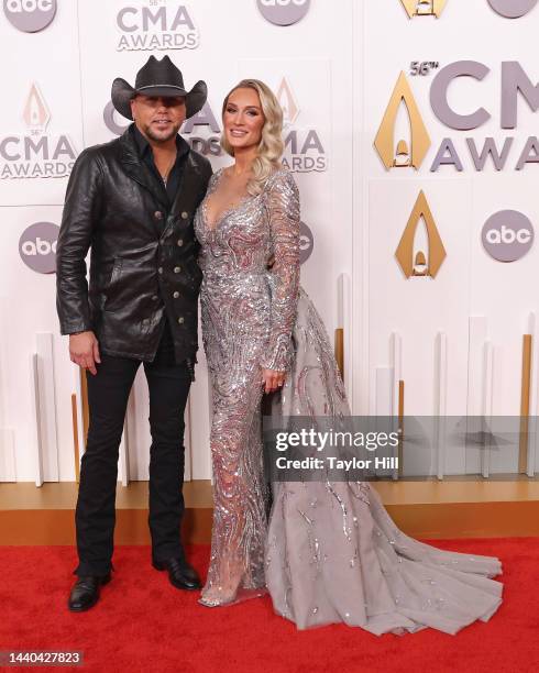 Jason Aldean and Brittany Aldean attend the 56th Annual CMA Awards at Bridgestone Arena on November 09, 2022 in Nashville, Tennessee.