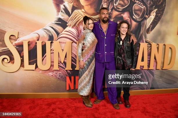 Lola Iolani Momoa, Jason Momoa and Nakoa-Wolf Manakauapo Namakaeha attend the Los Angeles Premiere of Netflix's "Slumberland" at AMC Century City 15...