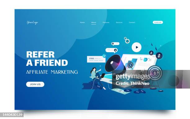 landing page vorlage der empfehlungsmarketingstrategie. - geld verleihen freunde stock-grafiken, -clipart, -cartoons und -symbole