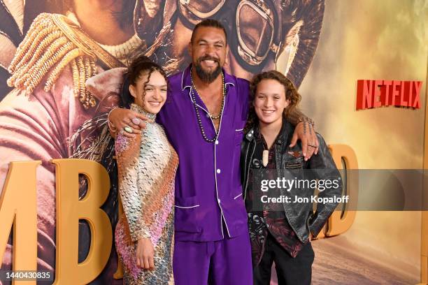 Lola Iolani Momoa, Jason Momoa, and Nakoa-Wolf Manakauapo Namakaeha Momoa attend the Los Angeles Premiere of Netflix's "Slumberland" at AMC Century...