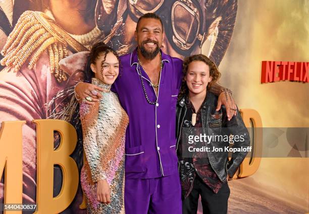 Lola Iolani Momoa, Jason Momoa, and Nakoa-Wolf Manakauapo Namakaeha Momoa attend the Los Angeles Premiere of Netflix's "Slumberland" at AMC Century...