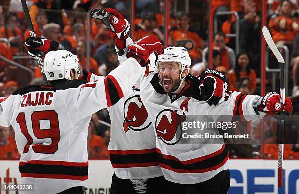 Ilya Kovalchuk of the New Jersey Devils celebrates his powerplay goal at 5:00 of the third period against the Philadelphia Flyers in Game Five of the...