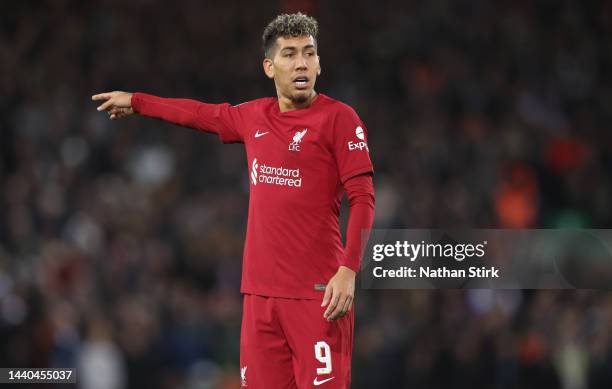 Roberto Firmino of Liverpool gestures during the Carabao Cup Third Round match between Liverpool and Derby County at Anfield on November 09, 2022 in...