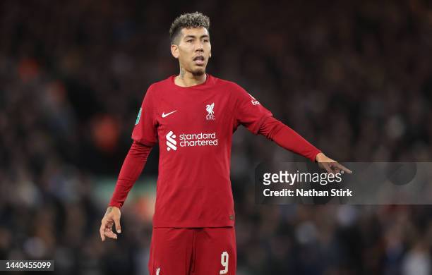 Roberto Firmino of Liverpool gestures during the Carabao Cup Third Round match between Liverpool and Derby County at Anfield on November 09, 2022 in...