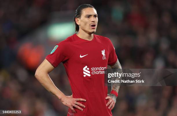 Darwin Nunez of Liverpool reacts during the Carabao Cup Third Round match between Liverpool and Derby County at Anfield on November 09, 2022 in...