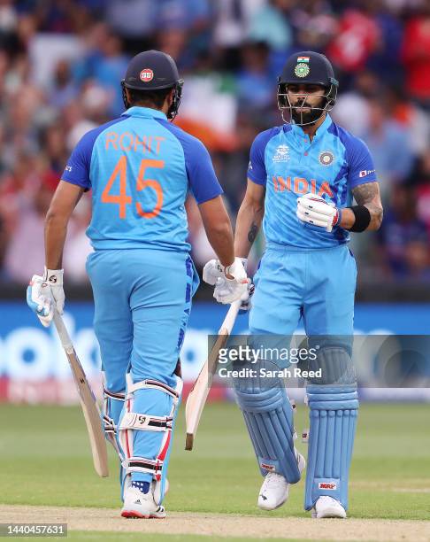 Rohit Sharma of India and Virat Kohli of India during the ICC Men's T20 World Cup Semi Final match between India and England at Adelaide Oval on...