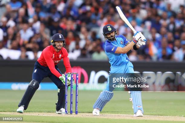 Virat Kohli of India bats during the ICC Men's T20 World Cup Semi Final match between India and England at Adelaide Oval on November 10, 2022 in...