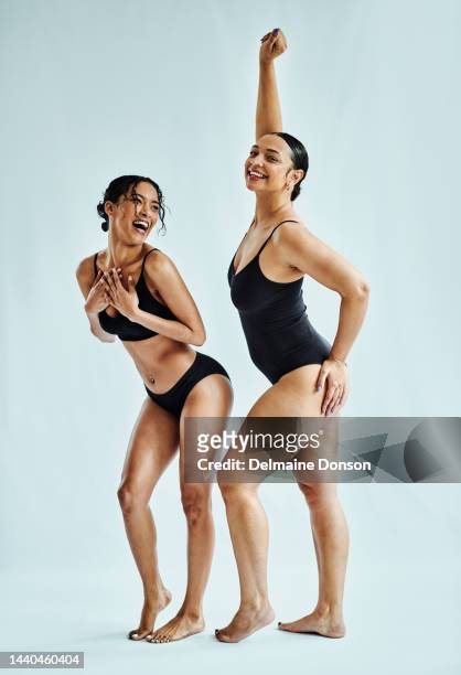 body positive, women and different body together in studio. curvy, normal and skinny girls or friends in underwear with diversity, solidarity or power and natural health or wellness inclusion - woman swimsuit happy normal stock pictures, royalty-free photos & images