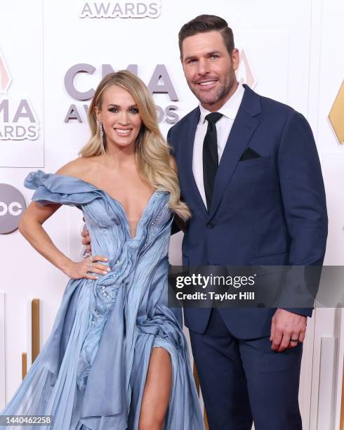 Carrie Underwood and Mike Fisher attend the 56th Annual CMA Awards at Bridgestone Arena on November 09, 2022 in Nashville, Tennessee.