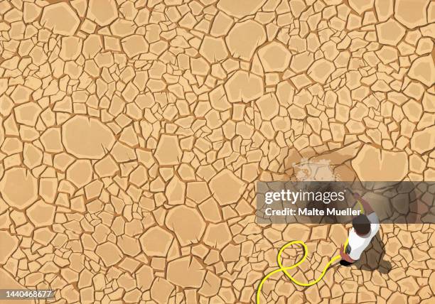 ilustraciones, imágenes clip art, dibujos animados e iconos de stock de aerial view man with hose watering dry, cracked land - cambio climático