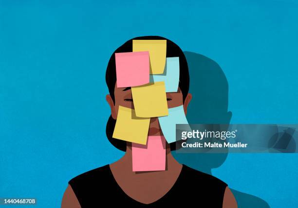 stockillustraties, clipart, cartoons en iconen met adhesive notes covering face of exhausted woman - working