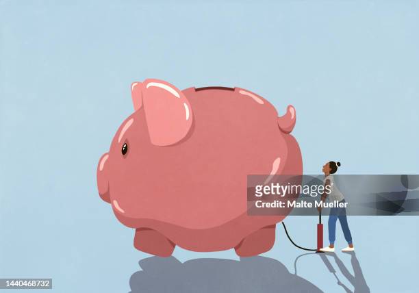 illustrazioni stock, clip art, cartoni animati e icone di tendenza di woman inflating piggy bank with tire pump - saving