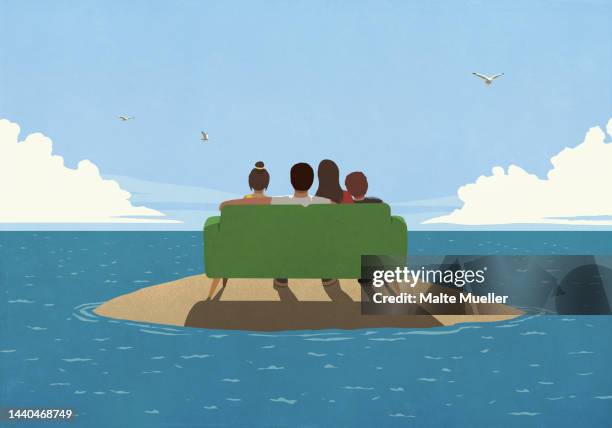 family relaxing on sofa on sunny, remote ocean island - sisters stock illustrations