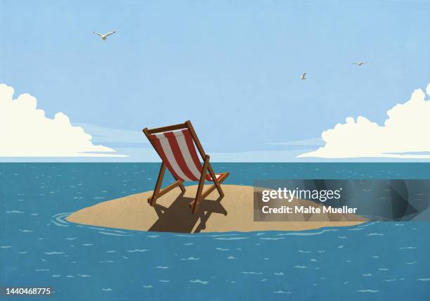 stockillustraties, clipart, cartoons en iconen met striped folding chair on sunny, remote ocean island - remote location