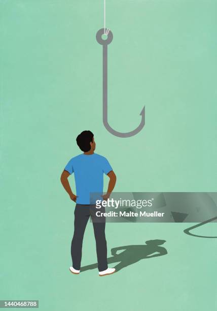 man looking up at fishing hook - crime stock illustrations