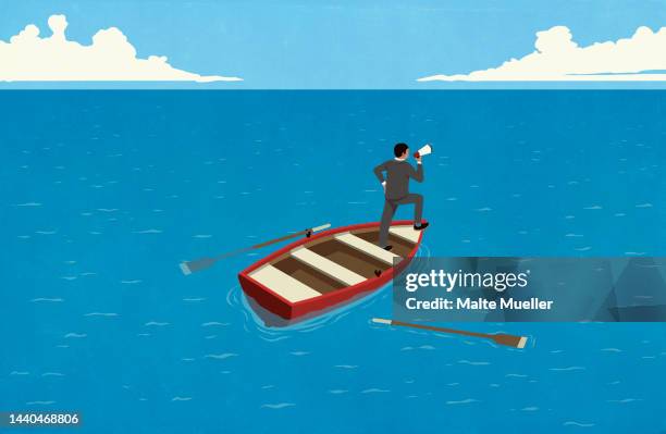 ilustrações, clipart, desenhos animados e ícones de businessman with megaphone in rowboat on ocean - barco a remo