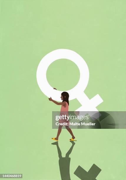 ilustraciones, imágenes clip art, dibujos animados e iconos de stock de girl carrying female gender symbol on green background - derechos de la mujer