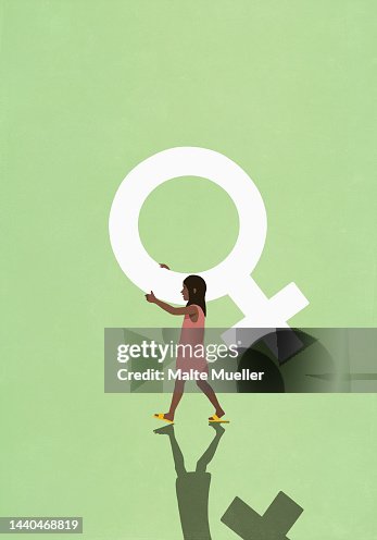Girl carrying female gender symbol on green background Girl carrying female gender symbol on green background