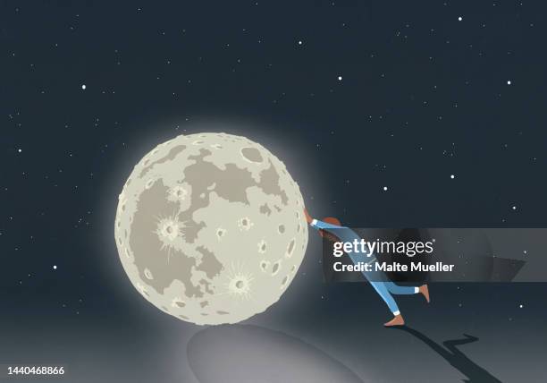 woman in pajamas pushing bright, full moon - insomnio stock illustrations