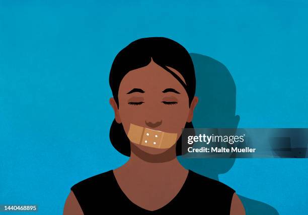 bildbanksillustrationer, clip art samt tecknat material och ikoner med large bandage covering mouth of woman with eyes closed - missförhållande