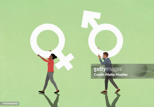 illustrazioni stock, clip art, cartoni animati e icone di tendenza di couple carrying gender symbols on green background - esposa