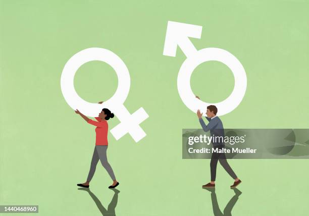 bildbanksillustrationer, clip art samt tecknat material och ikoner med couple carrying gender symbols on green background - jämlikhet