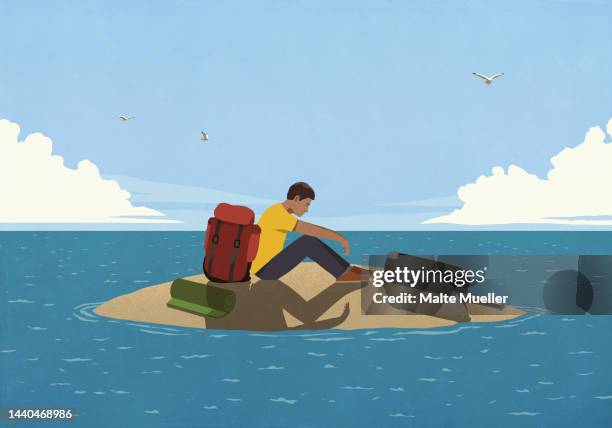 tired man with luggage stranded on ocean island - einsame insel stock-grafiken, -clipart, -cartoons und -symbole