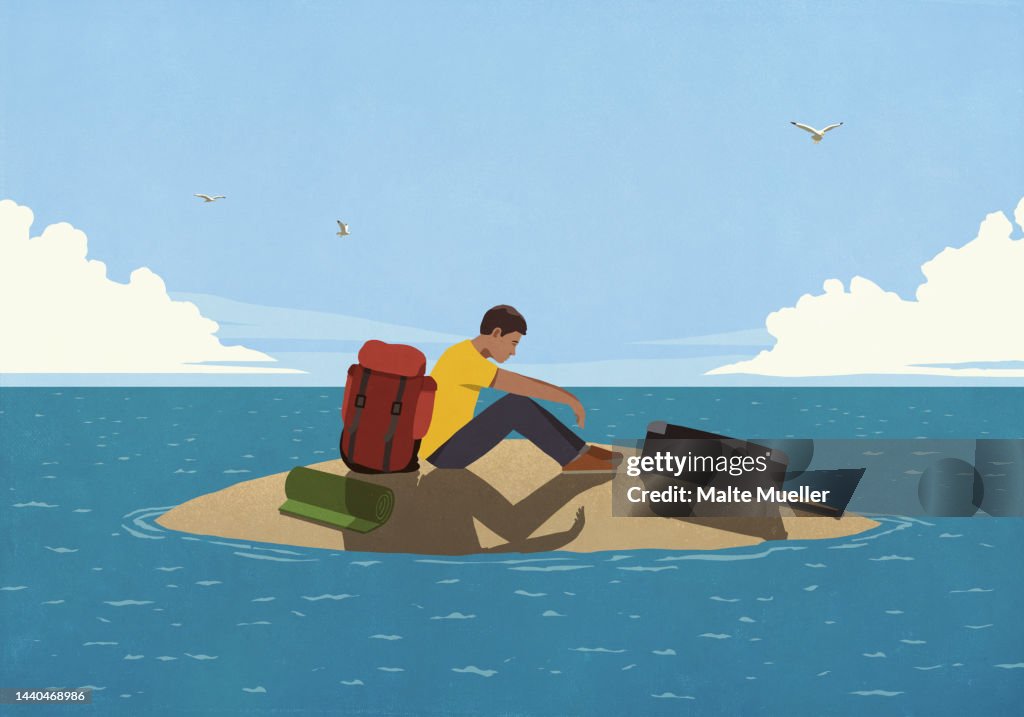 Tired Man With Luggage Stranded On Ocean Island High-Res Vector Graphic ...