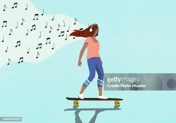 stockillustraties, clipart, cartoons en iconen met carefree woman skateboarding and listening to music with headphones - jonge vrouw