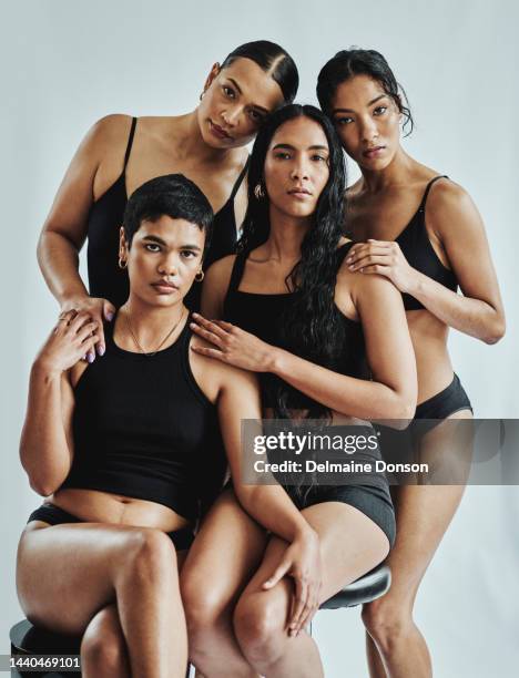 beauty, women and skincare in studio with wellness model group for health, body positivity and different skin, texture and diversity. friends, community and portrait full body girl cosmetics support - voluptuoso imagens e fotografias de stock