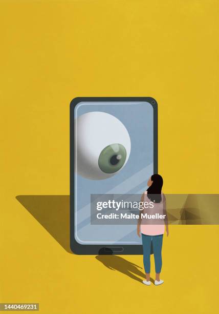 ilustraciones, imágenes clip art, dibujos animados e iconos de stock de large eyeball on smart phone watching woman - big brother