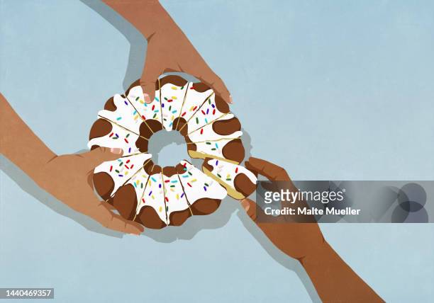 view from above hands reaching for slice of frosted bundt cake - viewpoint stock illustrations