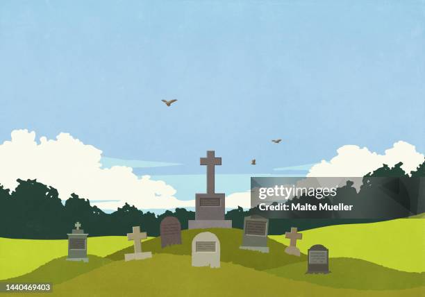 ilustrações de stock, clip art, desenhos animados e ícones de birds flying over cemetery gravestones - sepulcro