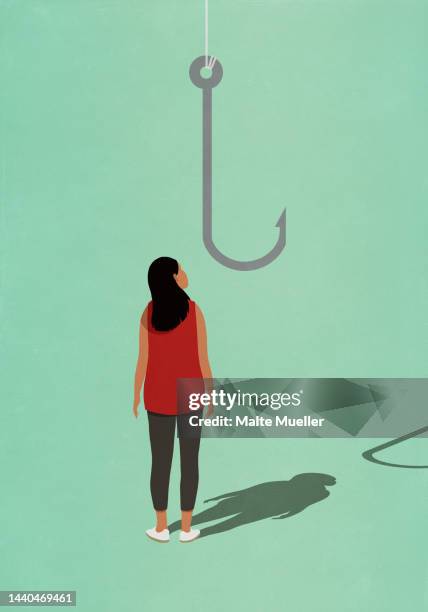 woman looking up at fishing hook - phishing stock illustrations