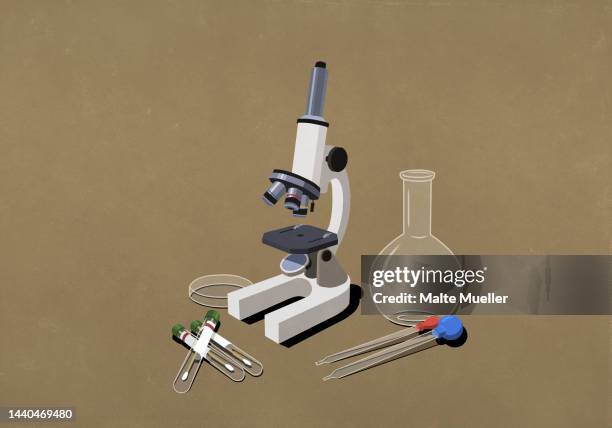 ilustrações de stock, clip art, desenhos animados e ícones de science microscope, beaker, pipettes, and test tubes - proveta