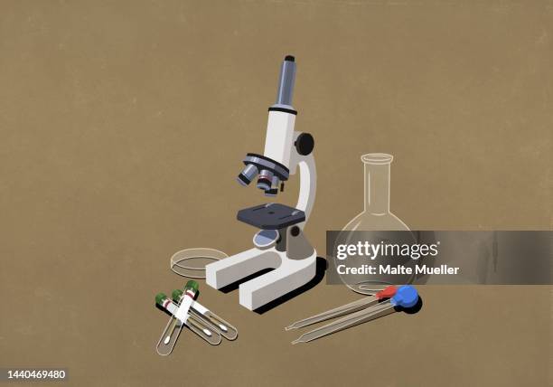 science microscope, beaker, pipettes, and test tubes - formula stock illustrations