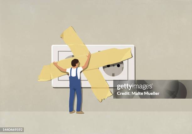 man taping electrical outlet - sticky tape stock illustrations