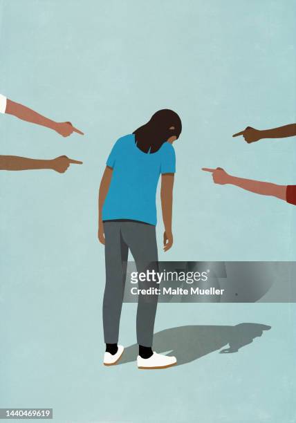 fingers pointing at dejected woman - shameful stock illustrations