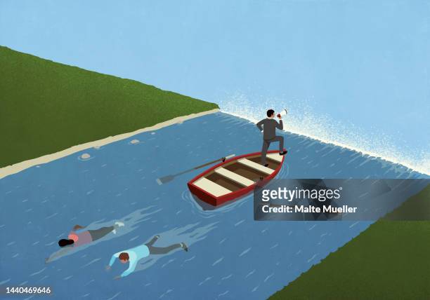 couple swimming away from man in rowboat approaching cliff - business stock illustrations